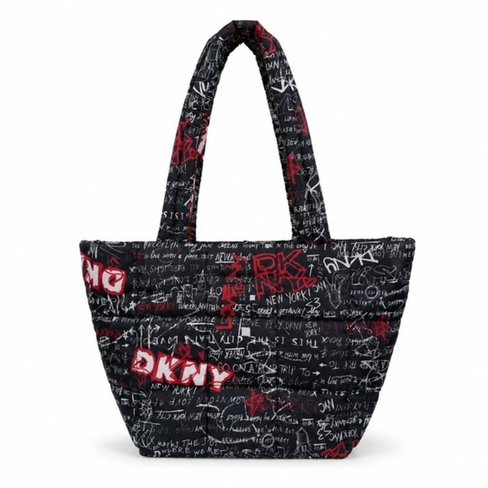 DKNY Graffiti Print Puffer Tote Bag‎ Black Red White Quilted Nylon NWOT